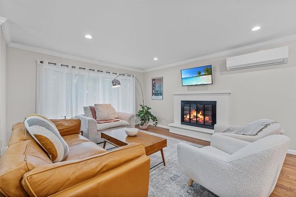 Fireplace, Interior, Living room, Recessed Lighting, Wood Texture Flooring