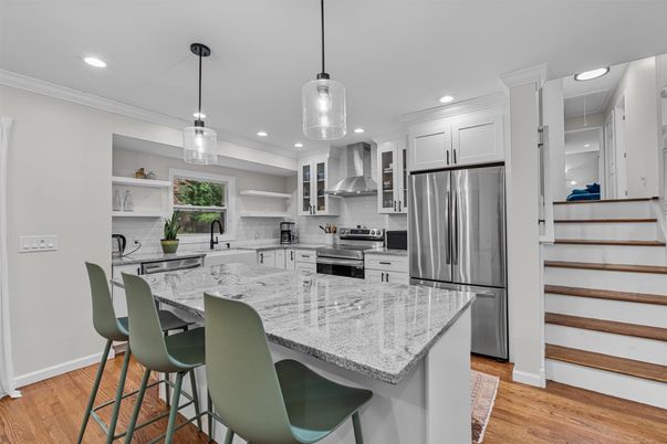 Interior, Kitchen, Pendant Lights, Recessed Lighting, Stainless Steel Appliances, Wood Texture Flooring