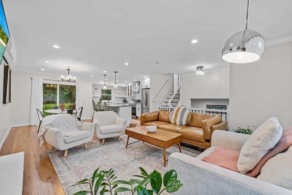 Chandelier, Dining room, Interior, Kitchen, Living room, Pendant Lights, Recessed Lighting, Wood Texture Flooring