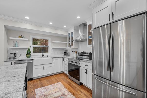 Interior, Kitchen, Recessed Lighting, Stainless Steel Appliances, Wood Texture Flooring