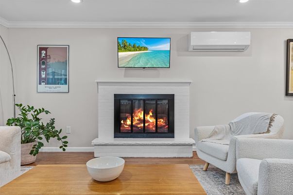 Fireplace, Interior, Recessed Lighting, Wood Texture Flooring