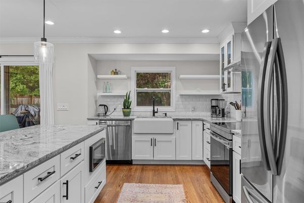 Interior, Kitchen, Pendant Lights, Recessed Lighting, Stainless Steel Appliances, Wood Texture Flooring