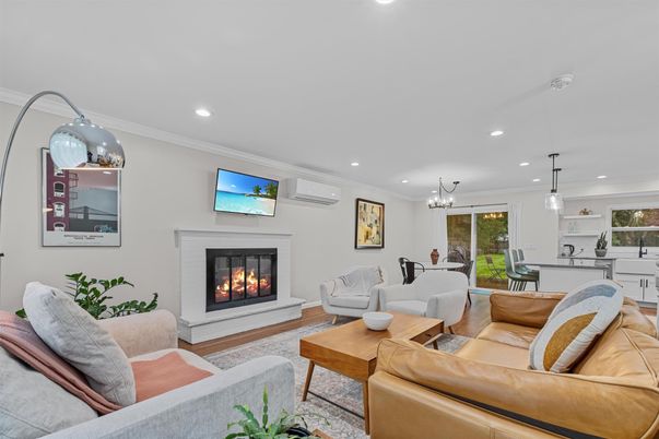 Dining room, Fireplace, Interior, Living room, Pendant Lights, Recessed Lighting