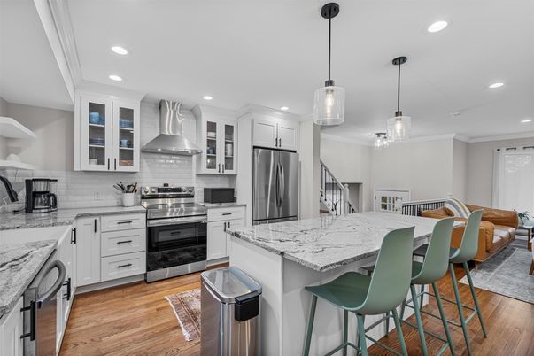 Interior, Kitchen, Pendant Lights, Recessed Lighting, Stainless Steel Appliances, Wood Texture Flooring