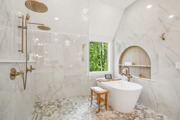 Bathroom, Free Standing Baths, Glass Shower, Interior, Marble, Marble Walls, Recessed Lighting