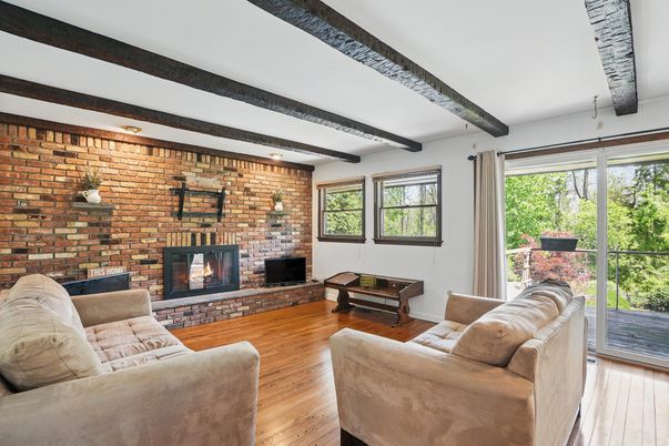 Fireplace, Interior, Living room, Stone Walls, Wooden Beams, Wood Texture Flooring