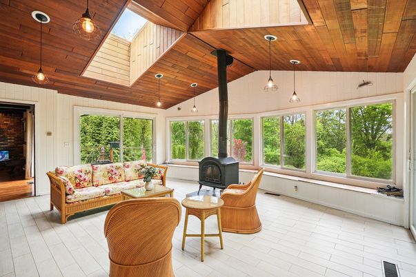 Fireplace, Interior, Living room, Pendant Lights, Sun Room, Wooden Ceilings, Wood Texture Flooring
