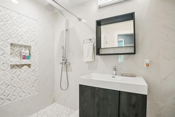 Bathroom, Glass Shower, Interior, Marble Walls, Recessed Lighting