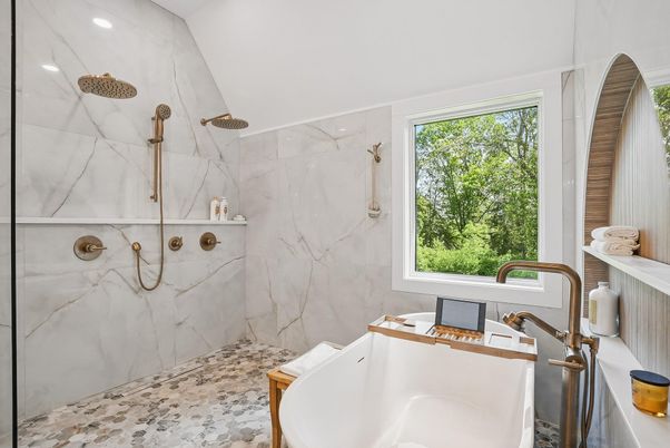 Bathroom, Glass Shower, Interior, Marble Walls, Recessed Lighting