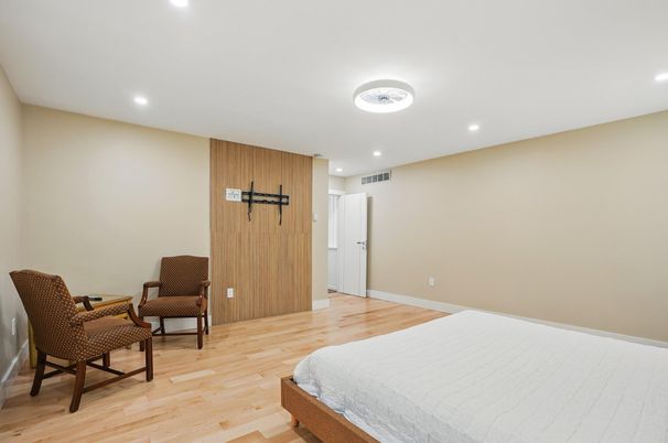 Bedroom, Interior, Recessed Lighting, Wood Texture Flooring, Wooden Walls