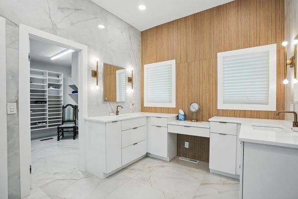 Bathroom, Dual Sink Vanities, Interior, Marble, Recessed Lighting