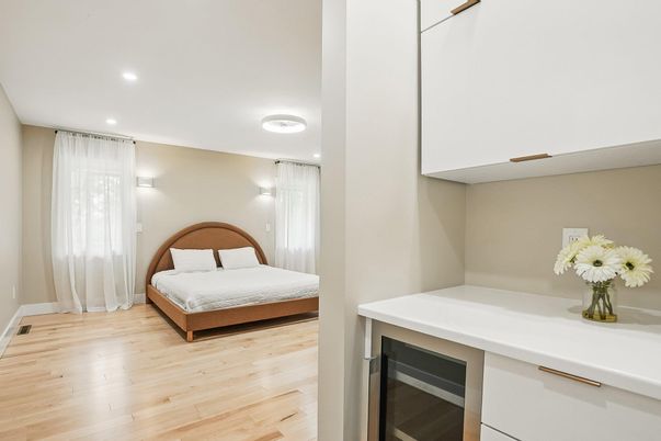 Bedroom, Interior, Recessed Lighting, Wood Texture Flooring
