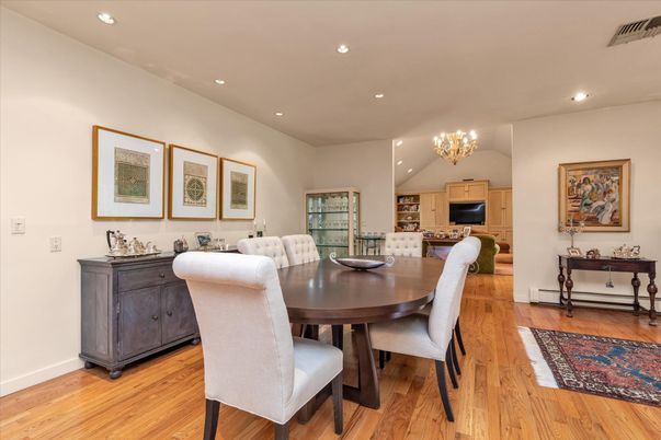Chandelier, Dining room, Interior, Recessed Lighting, Wood Texture Flooring