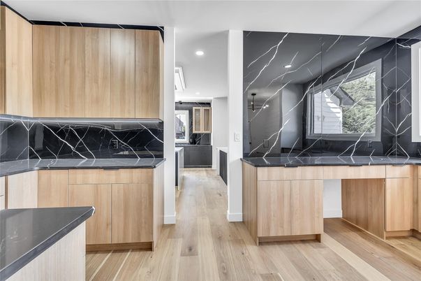 Interior, Kitchen, Marble Walls, Recessed Lighting, Wood Texture Flooring