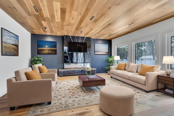 Fireplace, Interior, Living room, Recessed Lighting, Wooden Ceilings, Wood Texture Flooring