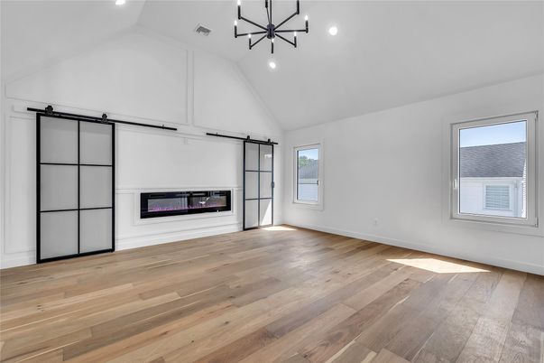 Empty room, Fireplace, Interior, Pendant Lights, Recessed Lighting, Wood Texture Flooring