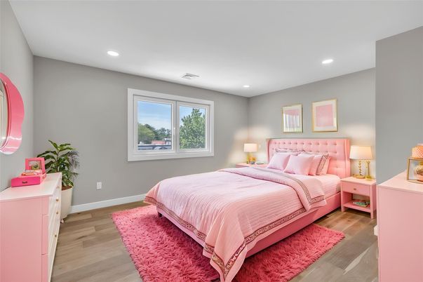 Bedroom, Interior, Recessed Lighting, Wood Texture Flooring