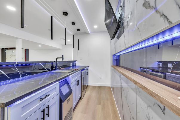 Interior, Kitchen, Marble Walls, Recessed Lighting, Wood Texture Flooring