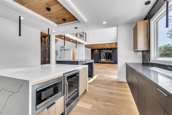 Interior, Kitchen, Pendant Lights, Recessed Lighting, Wooden Ceilings, Wood Texture Flooring