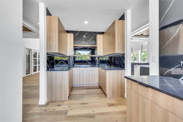 Interior, Kitchen, Marble Walls, Recessed Lighting, Wood Texture Flooring