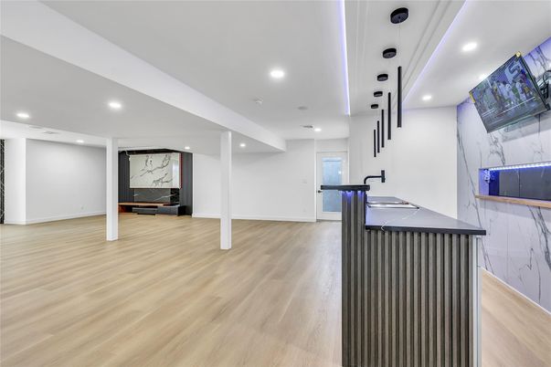 Interior, Marble Walls, Recessed Lighting, Wood Texture Flooring