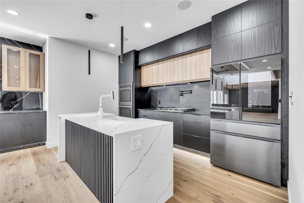 Interior, Kitchen, Pendant Lights, Recessed Lighting, Stainless Steel Appliances, Wood Texture Flooring