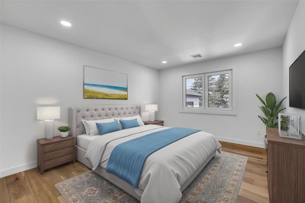 Bedroom, Interior, Recessed Lighting, Wood Texture Flooring