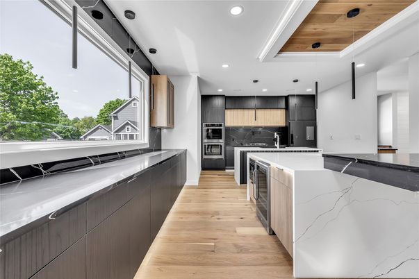 Interior, Kitchen, Pendant Lights, Recessed Lighting, Stainless Steel Appliances, Wooden Ceilings, Wood Texture Flooring