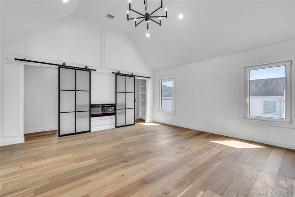 Empty room, Interior, Pendant Lights, Recessed Lighting, Wood Texture Flooring