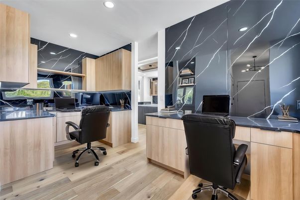 Home Office, Interior, Marble Walls, Recessed Lighting, Wood Texture Flooring