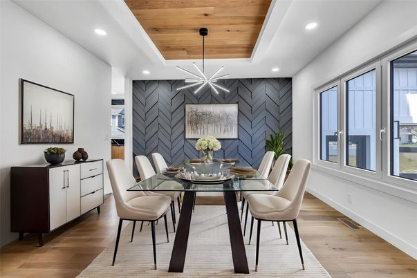 Dining room, Interior, Pendant Lights, Recessed Lighting, Wooden Ceilings, Wood Texture Flooring