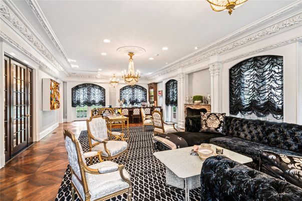 Chandelier, Dining room, Fireplace, Interior, Living room, Recessed Lighting, Wood Texture Flooring