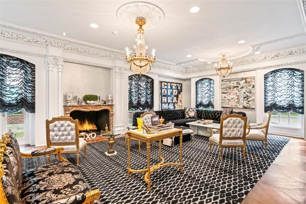 Chandelier, Dining room, Fireplace, Interior, Living room, Recessed Lighting, Wood Texture Flooring
