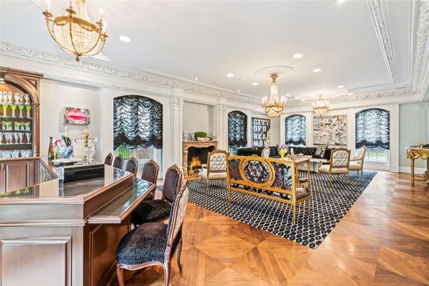 Chandelier, Dining room, Fireplace, Interior, Living room, Piano, Recessed Lighting, Wood Texture Flooring