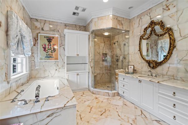 Bathroom, Glass Shower, Interior, Marble Walls, Recessed Lighting