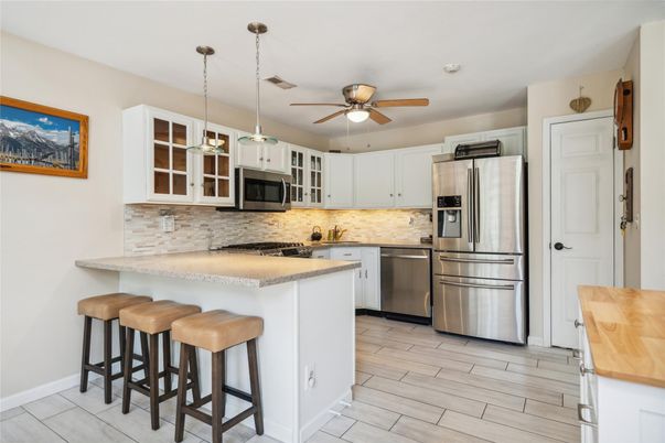 Interior, Kitchen, Pendant Lights, Stainless Steel Appliances, Wood Texture Flooring