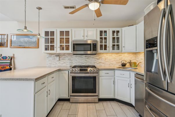 Interior, Kitchen, Pendant Lights, Stainless Steel Appliances, Wood Texture Flooring