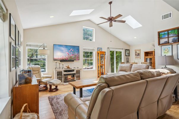 Fireplace, Interior, Living room, Recessed Lighting, Wood Texture Flooring
