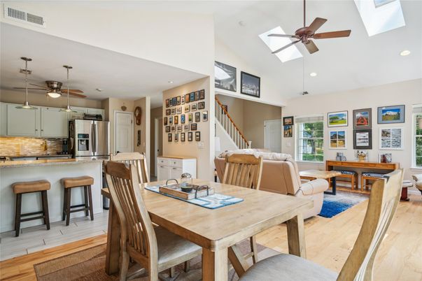 Dining room, Interior, Kitchen, Recessed Lighting, Stainless Steel Appliances, Wood Texture Flooring