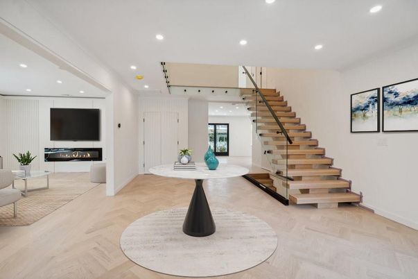 Fireplace, Interior, Recessed Lighting, Wood Texture Flooring