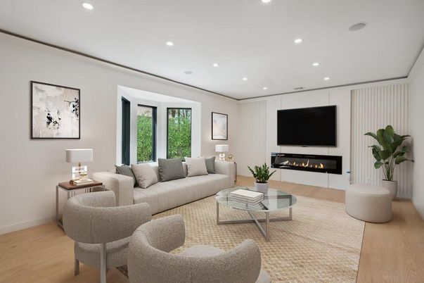 Fireplace, Interior, Living room, Recessed Lighting, Wood Texture Flooring