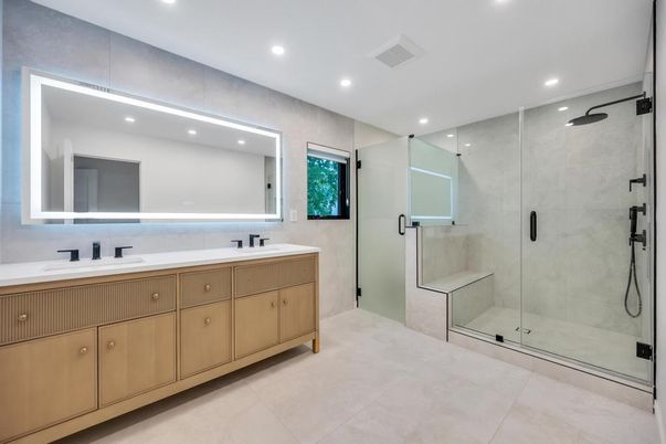 Bathroom, Dual Sink Vanities, Glass Shower, Interior, Recessed Lighting