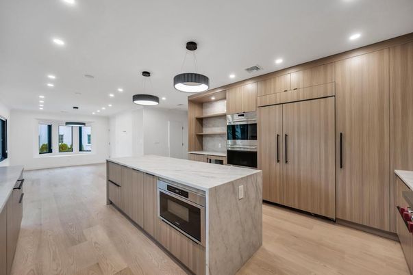 Interior, Kitchen, Pendant Lights, Recessed Lighting, Stainless Steel Appliances, Wood Texture Flooring