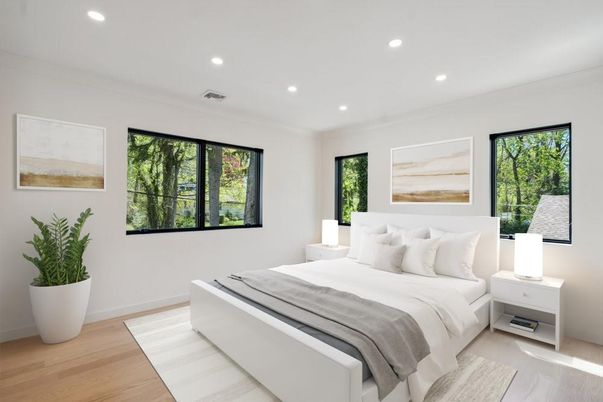 Bedroom, Interior, Recessed Lighting, Wood Texture Flooring