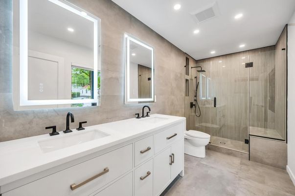 Bathroom, Dual Sink Vanities, Glass Shower, Interior, Recessed Lighting