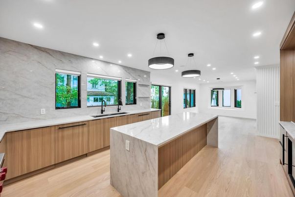 Interior, Kitchen, Marble Walls, Pendant Lights, Recessed Lighting, Wood Texture Flooring