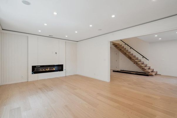 Empty room, Fireplace, Interior, Recessed Lighting, Wood Texture Flooring