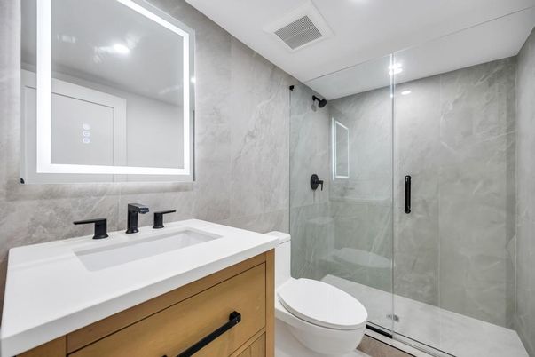 Bathroom, Glass Shower, Interior, Marble Walls, Recessed Lighting