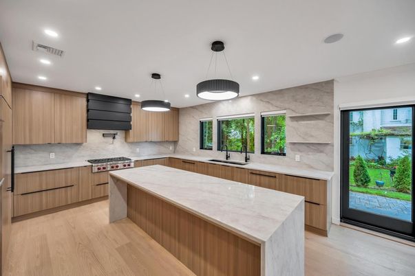 Interior, Kitchen, Marble Walls, Pendant Lights, Recessed Lighting, Wood Texture Flooring
