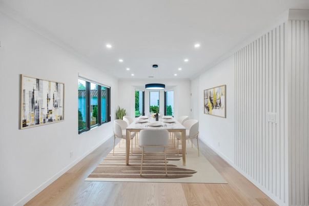Dining room, Interior, Recessed Lighting, Wood Texture Flooring